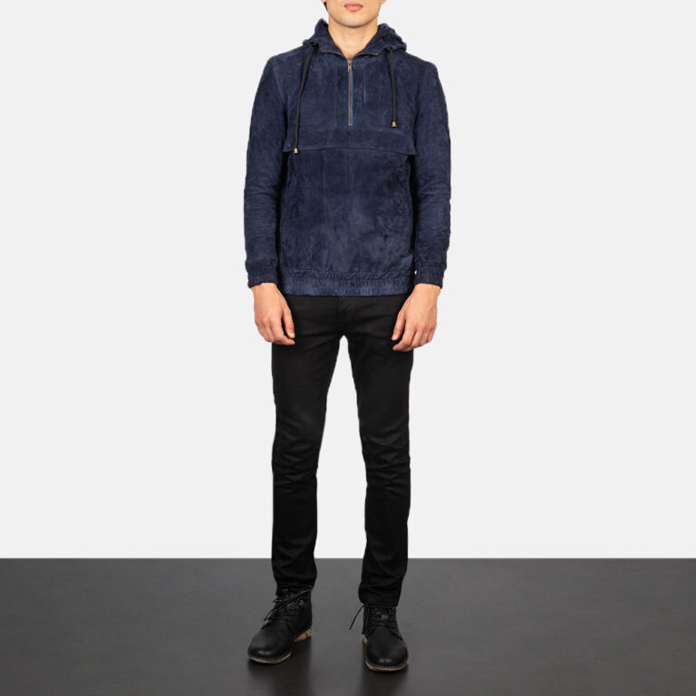 Mens Kenton Hooded Blue Suede Pullover Jacket Full Length-2-1634134763224